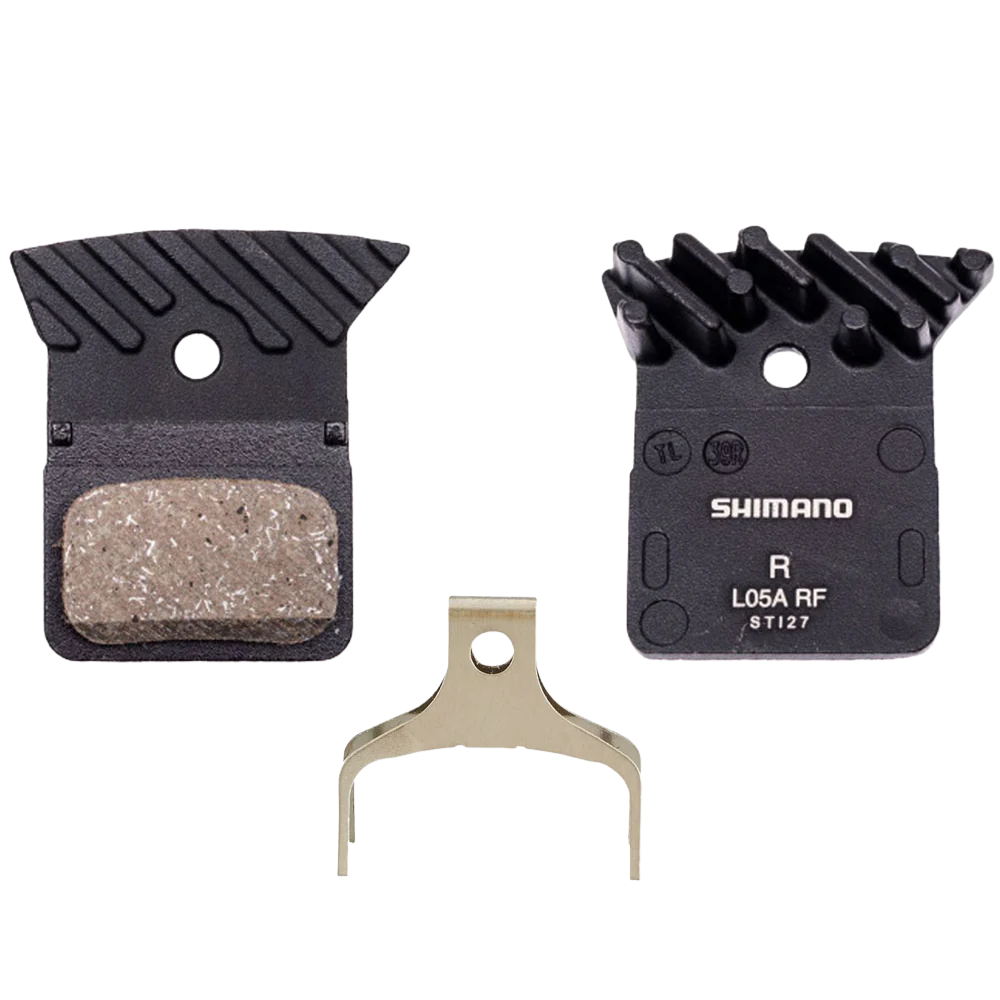 Shimano L05A resin brake pads with fin for cooler, quieter braking – available at Hattons Umhlanga
