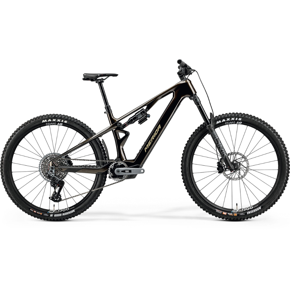 Merida eONE-SIXTY SL 8000 lightweight carbon electric mountain bike with Bosch Performance Line SX motor, RockShox suspension, SRAM GX Eagle Transmission AXS drivetrain, and DT Swiss wheels.