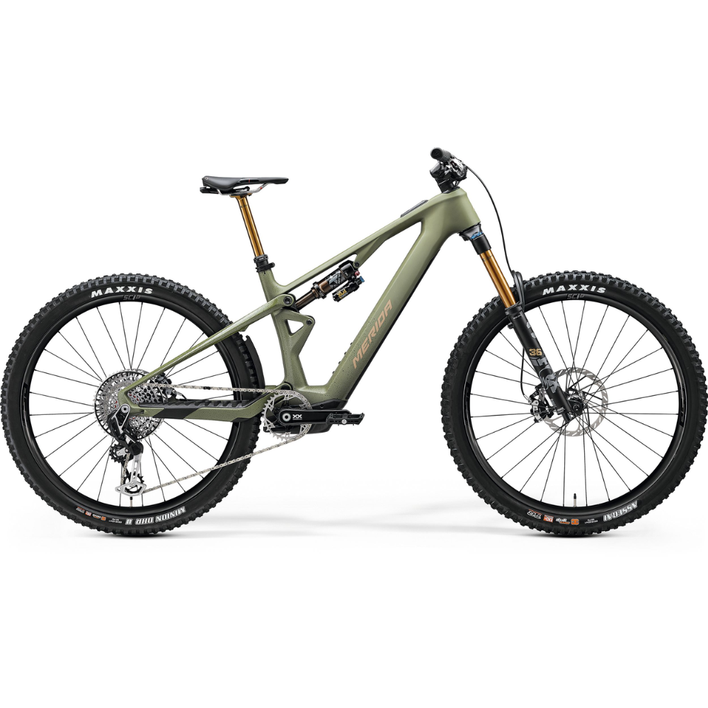 Merida eONE-SIXTY SL 10K premium carbon electric mountain bike featuring Bosch Performance Line SX motor, Fox Factory suspension, SRAM XX Eagle Transmission AXS drivetrain, and carbon wheelset in Silk Anaconda Green.