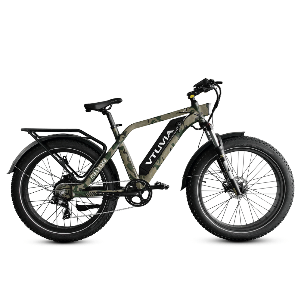 VTUVIA SN100 electric fat tyre bike with 750W rear hub motor, 672Wh LG battery, Shimano 7-speed drivetrain, hydraulic disc brakes, and 20 x 4.0-inch tyres for commuting and adventure riding.