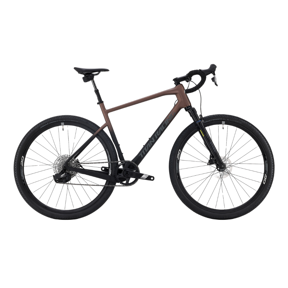 Titan Racing Switch MX Comp carbon gravel bike with 60mm air suspension, SRAM Apex XPLR AXS 1x12 drivetrain and 700x50C tyres